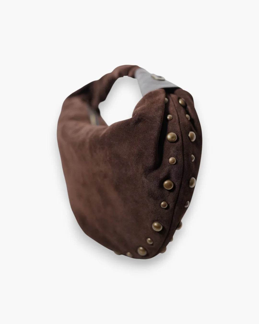 Designer brown slouchy shoulder bag with a twisted top handle and gold metal studs along the edges | ALLBYB