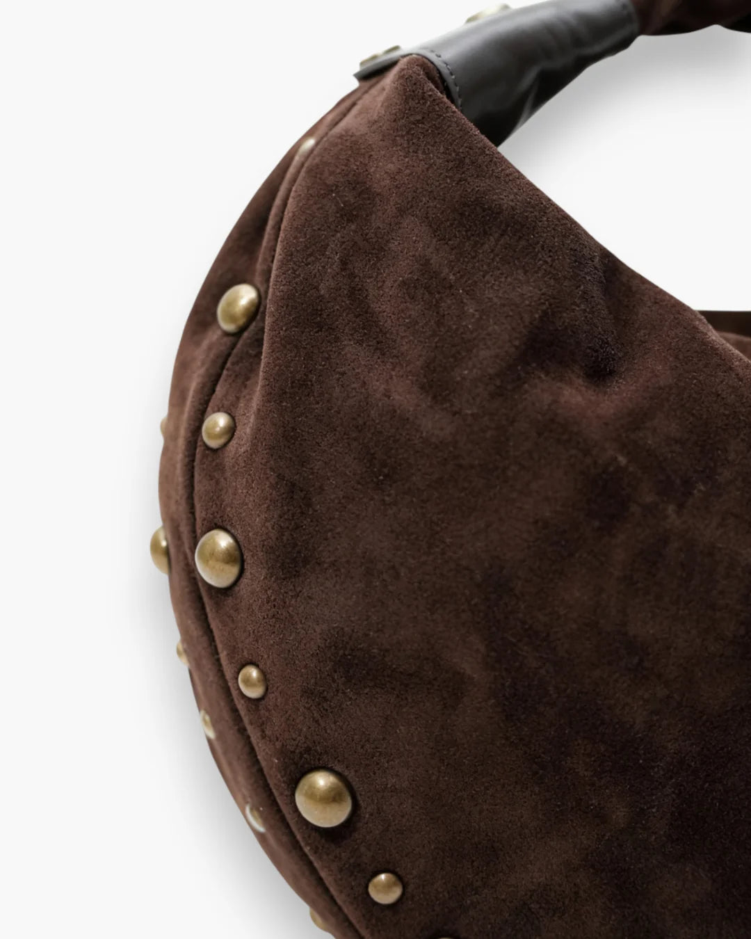 Designer brown slouchy shoulder bag with a twisted top handle and gold metal studs along the edges | ALLBYB