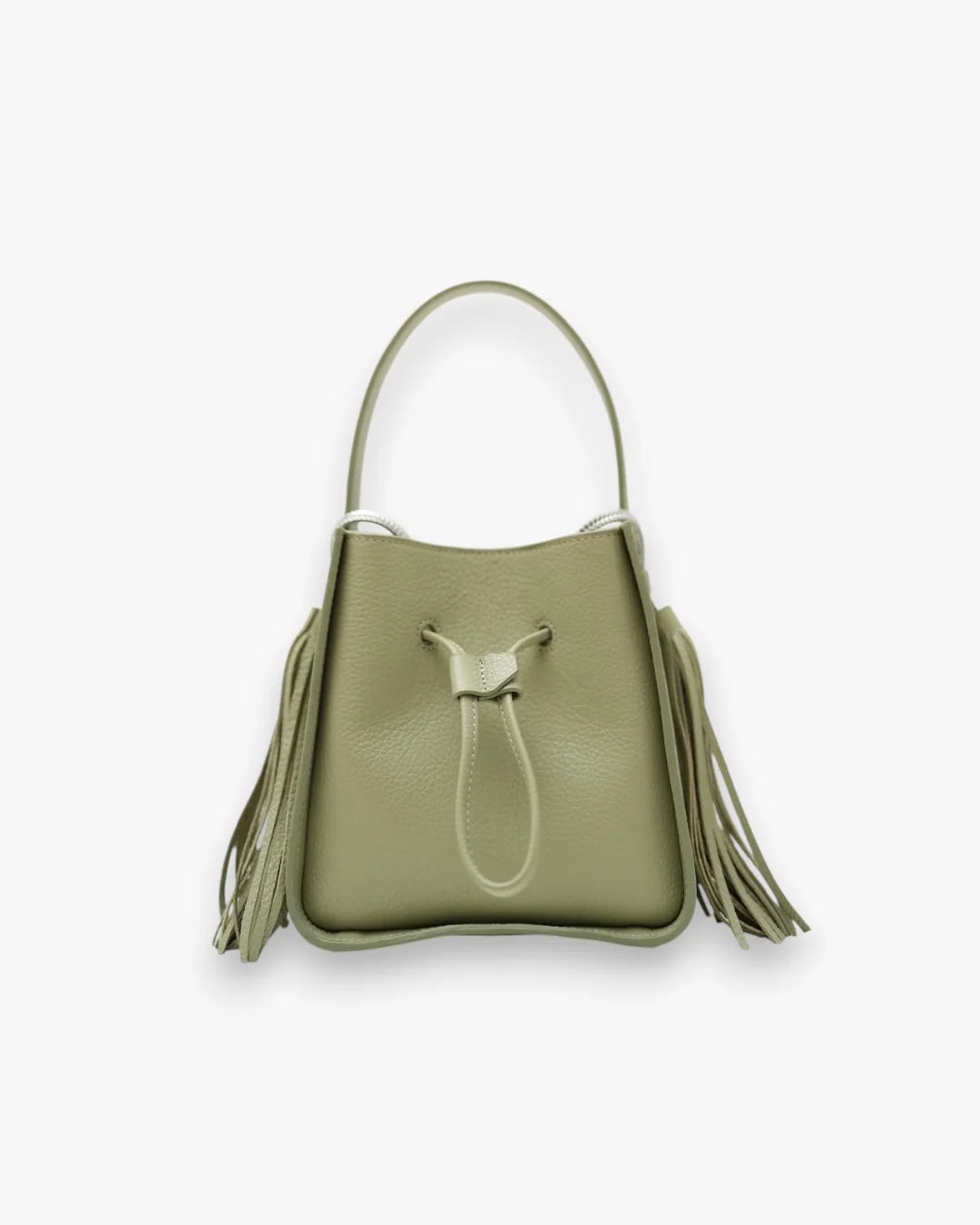 Designer olive green leather bucket bag with a top handle and drawstring closure | ALLBYB