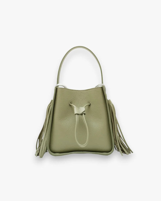 Designer olive green leather bucket bag with a top handle and drawstring closure | ALLBYB