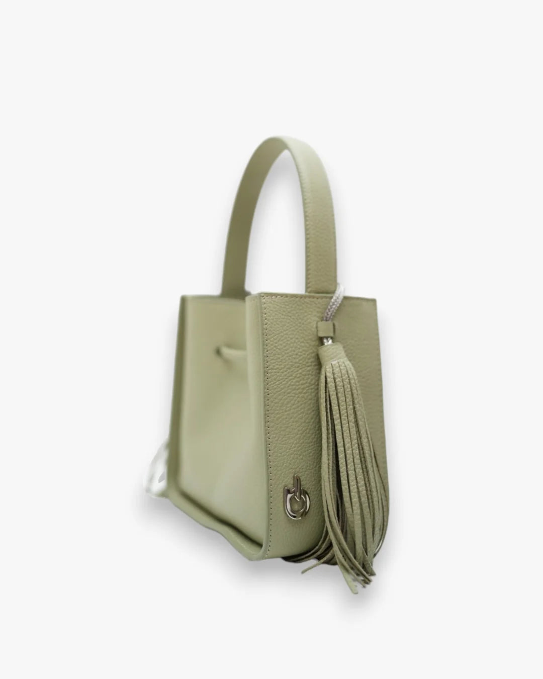 Designer olive green leather bucket bag with a top handle and drawstring closure | ALLBYB