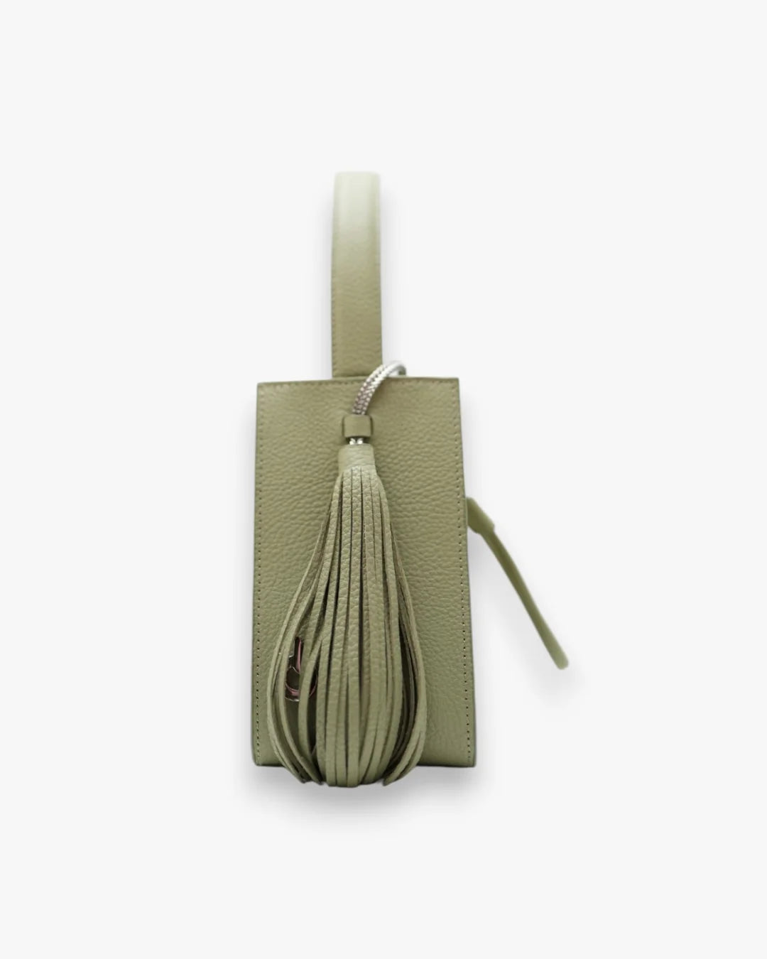 Designer olive green leather bucket bag with a top handle and drawstring closure | ALLBYB