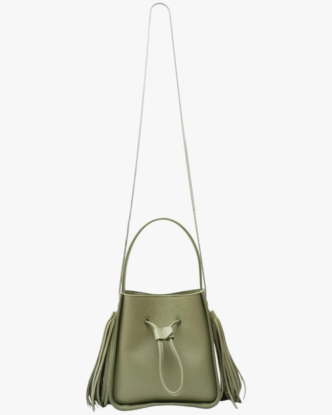 Designer olive green leather bucket bag with a top handle and drawstring closure | ALLBYB