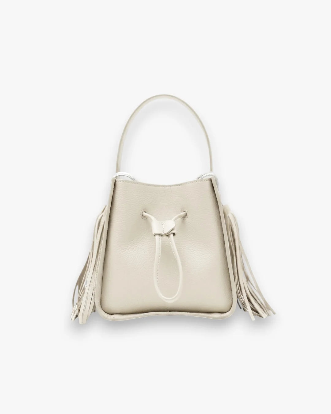 Designer beige leather bucket bag with a top handle and drawstring closure | ALLBYB
