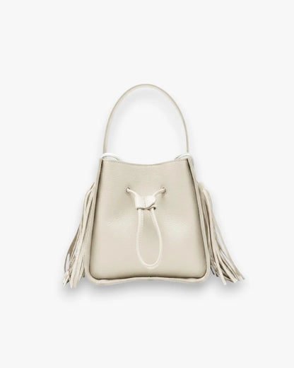 Designer beige leather bucket bag with a top handle and drawstring closure | ALLBYB