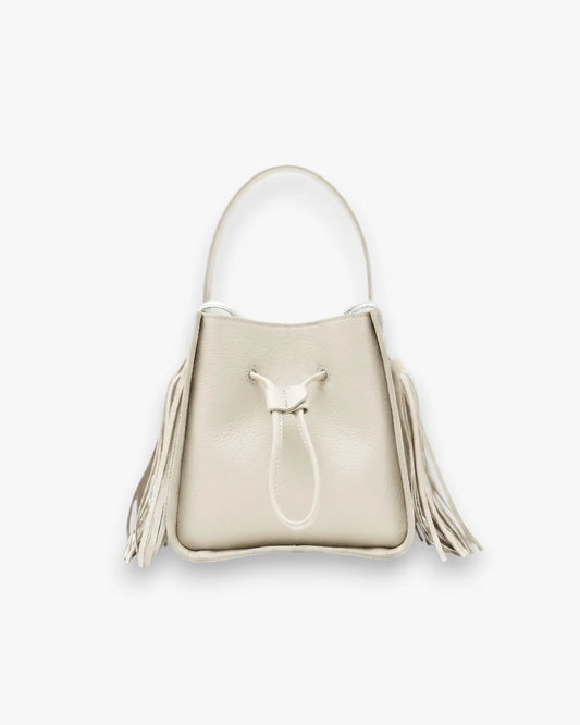 Designer beige leather bucket bag with a top handle and drawstring closure | ALLBYB