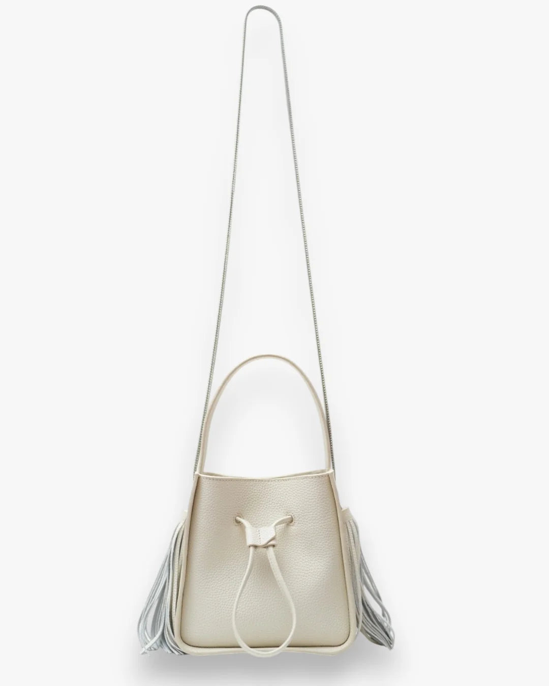Designer beige leather bucket bag with a top handle and drawstring closure | ALLBYB