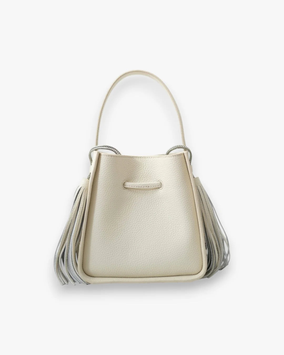 Designer beige leather bucket bag with a top handle and drawstring closure | ALLBYB