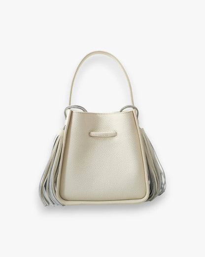 Designer beige leather bucket bag with a top handle and drawstring closure | ALLBYB