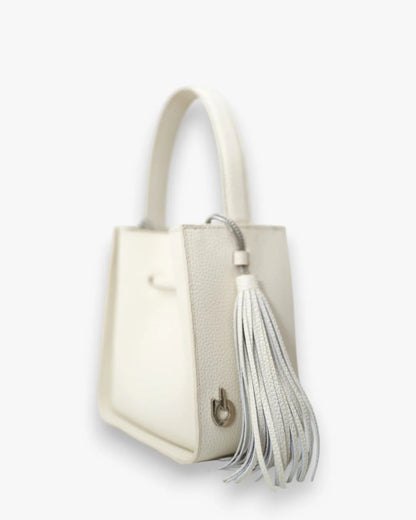 Designer beige leather bucket bag with a top handle and drawstring closure | ALLBYB