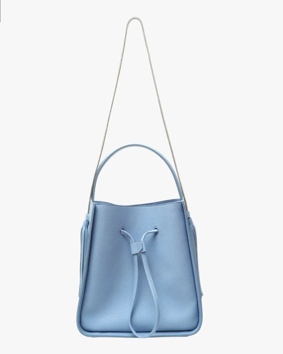 Designer light blue leather bucket bag with a top handle and drawstring closure | ALLBYB