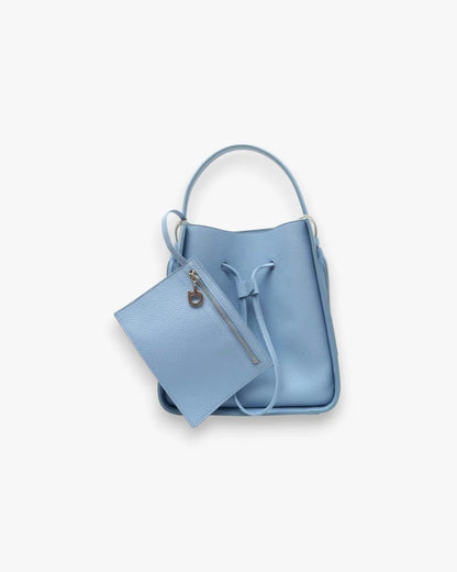 Designer light blue leather bucket bag with a top handle and drawstring closure | ALLBYB