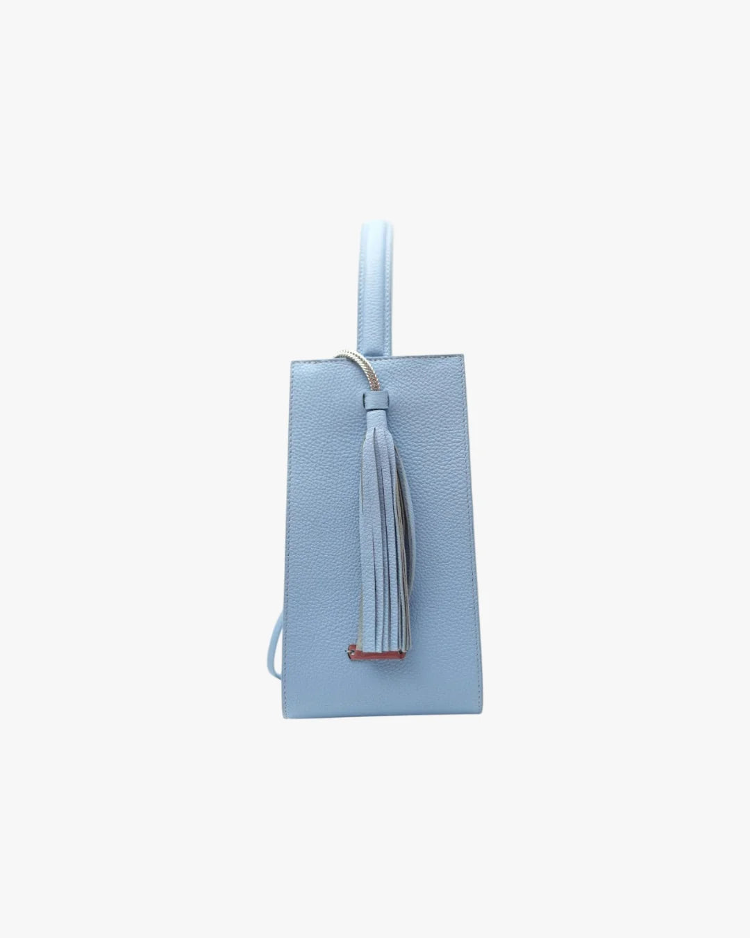 Designer light blue leather bucket bag with a top handle and drawstring closure | ALLBYB