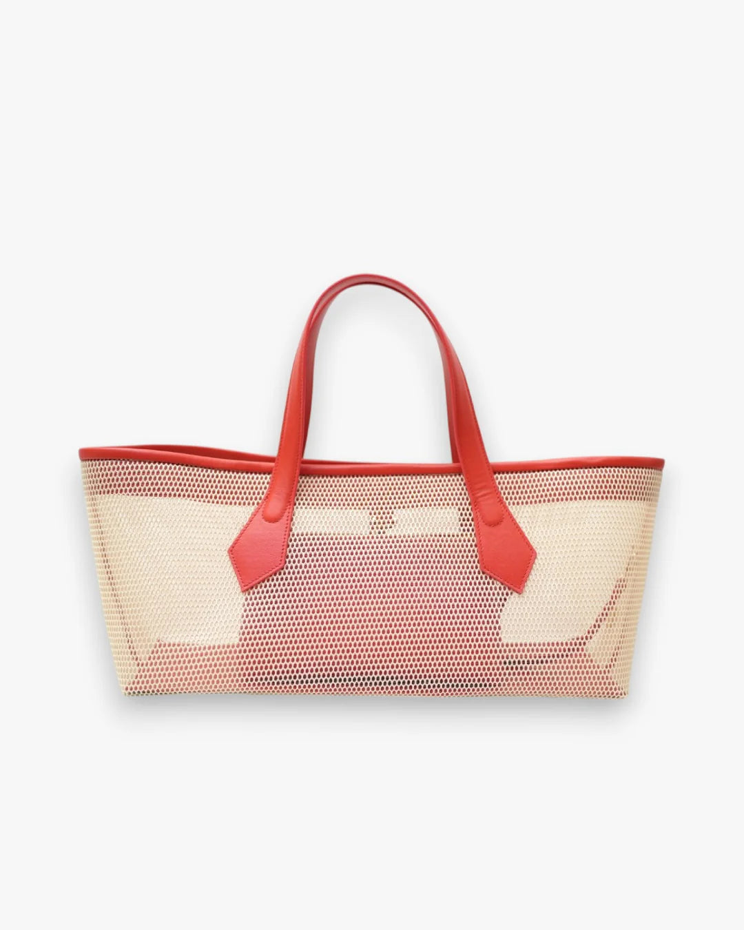 Structured designer mesh tote bag with a warm beige body and bright coral-red handles and trim | ALLBYB