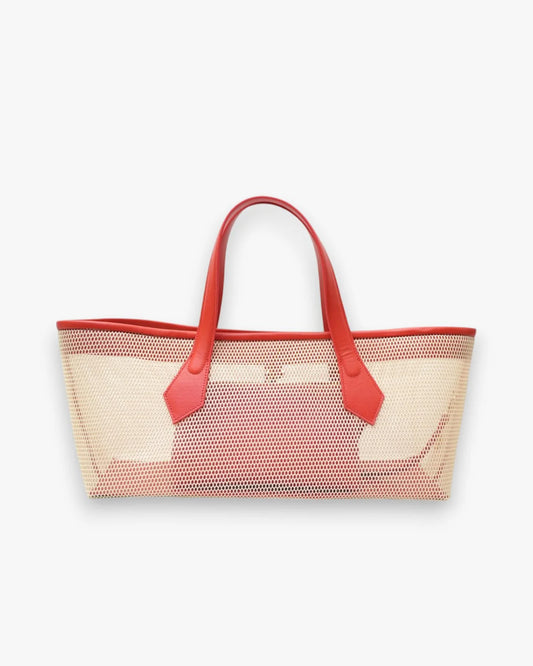 Structured designer mesh tote bag with a warm beige body and bright coral-red handles and trim | ALLBYB