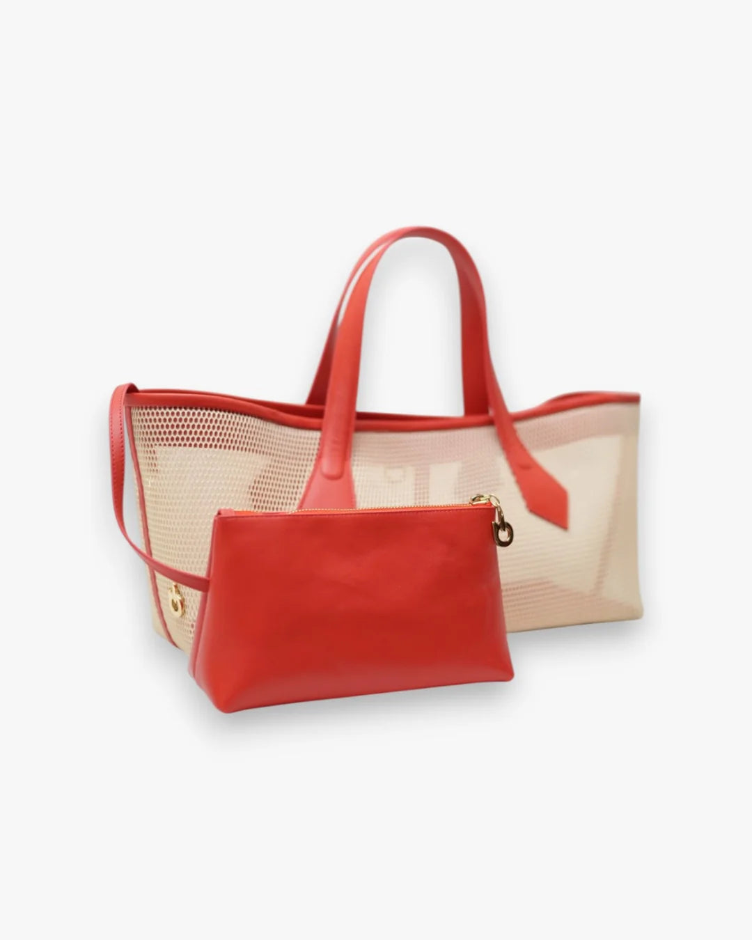 Structured designer mesh tote bag with a warm beige body and bright coral-red handles and trim | ALLBYB