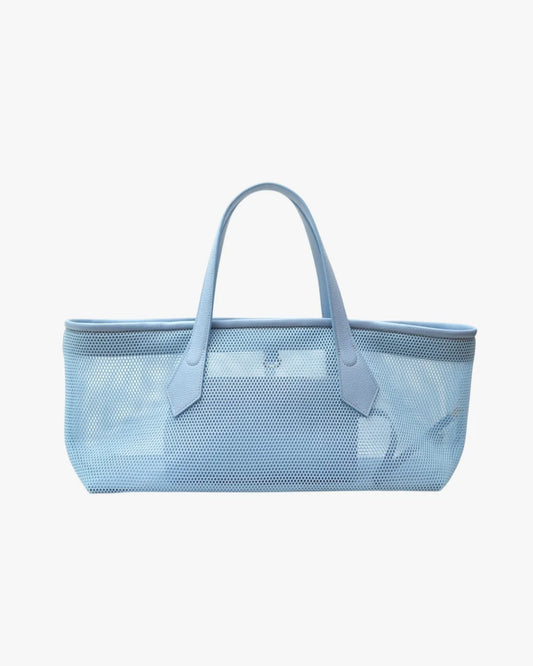 Structured designer mesh tote bag with a blue body, handles and trim | ALLBYB