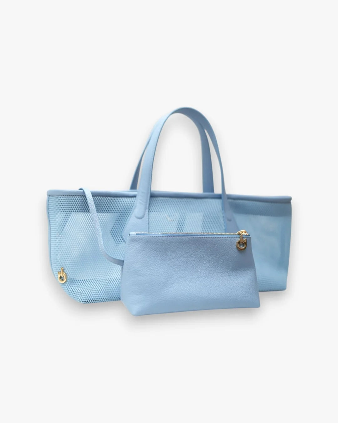 Structured designer mesh tote bag with a blue body, handles and trim | ALLBYB