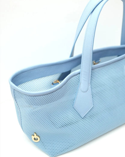 Structured designer mesh tote bag with a blue body, handles and trim | ALLBYB