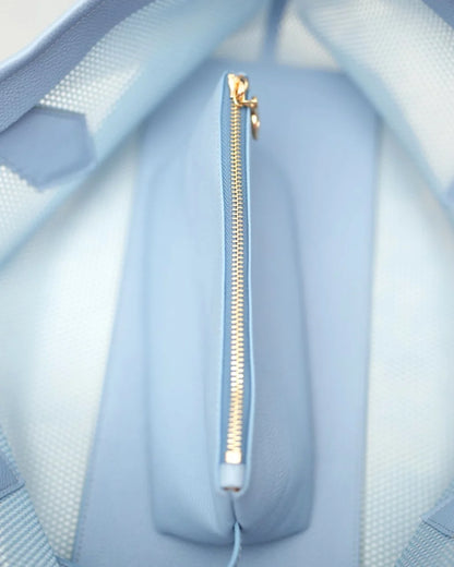Structured designer mesh tote bag with a blue body, handles and trim | ALLBYB