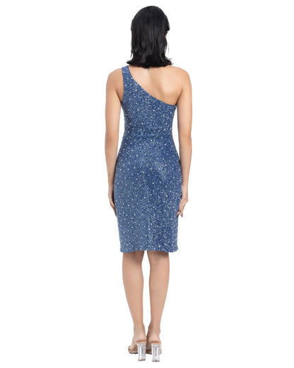 Designer one shoulder beaded blue midi dress with small slits and astrology symbols | CELESTRIA COUTURE
