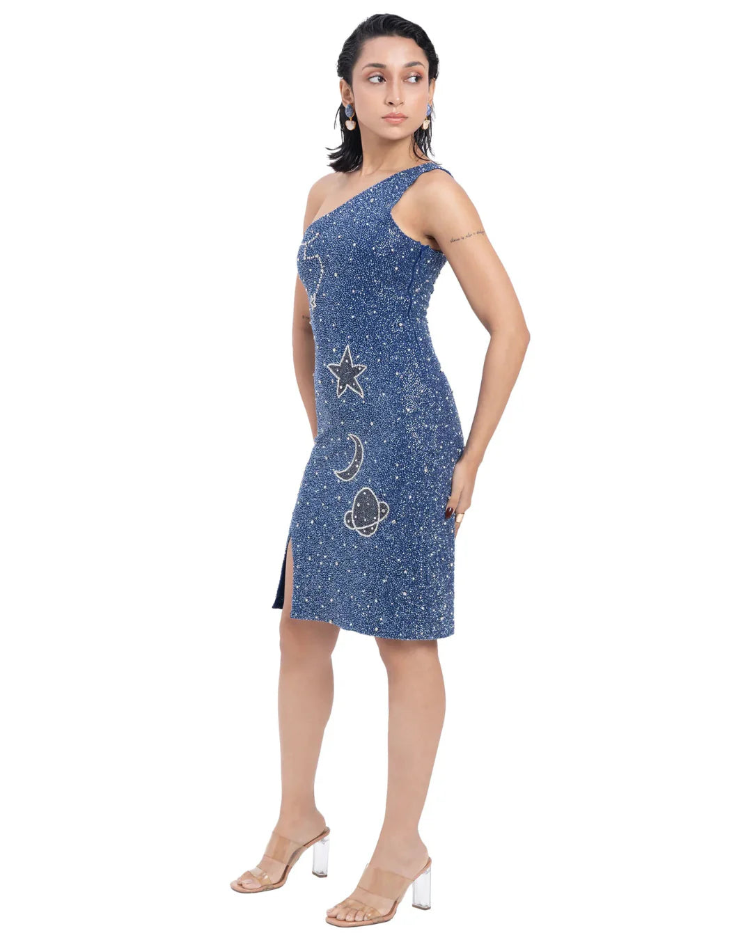 Designer one shoulder beaded blue midi dress with small slits and astrology symbols | CELESTRIA COUTURE