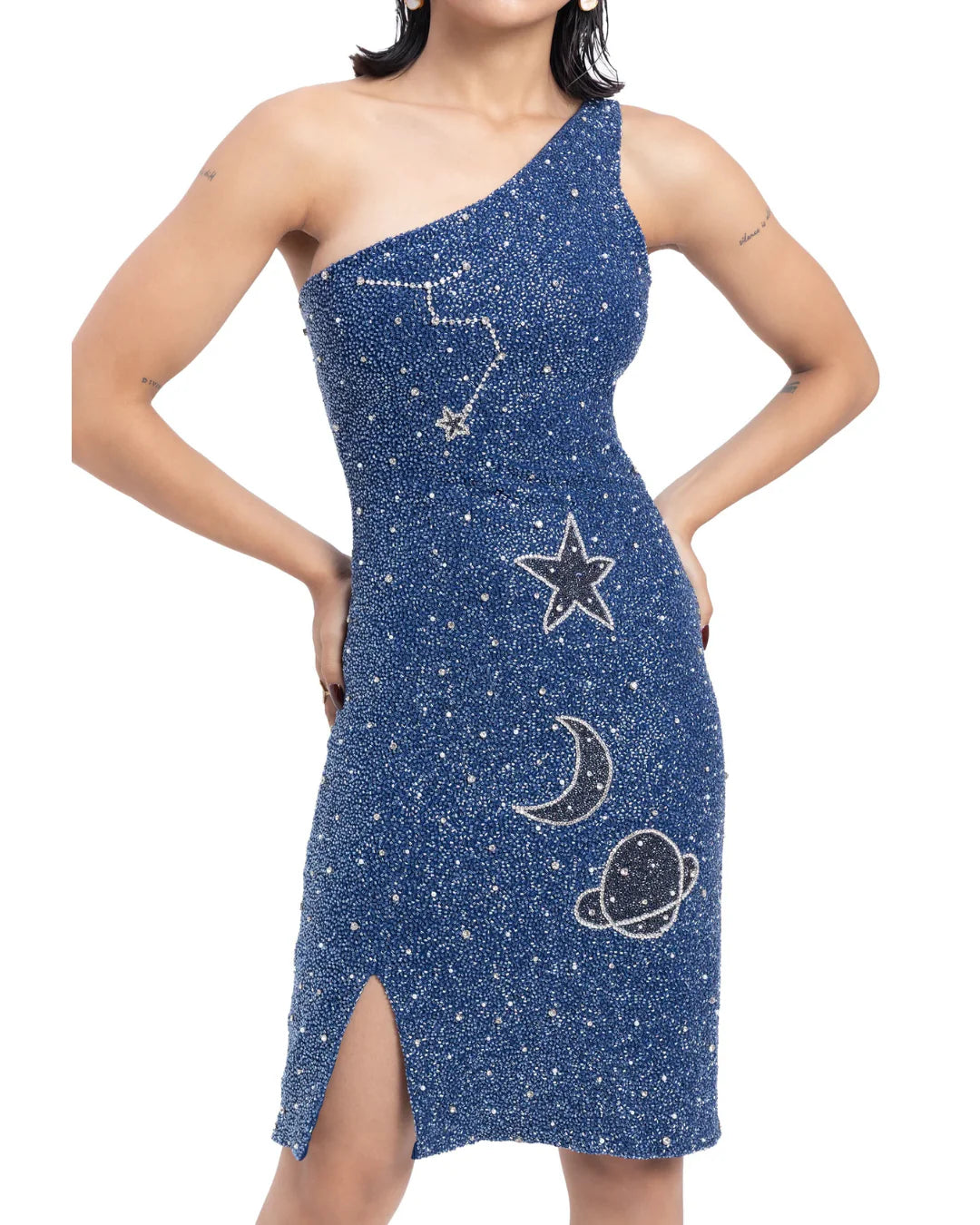 Designer one shoulder beaded blue midi dress with small slits and astrology symbols | CELESTRIA COUTURE