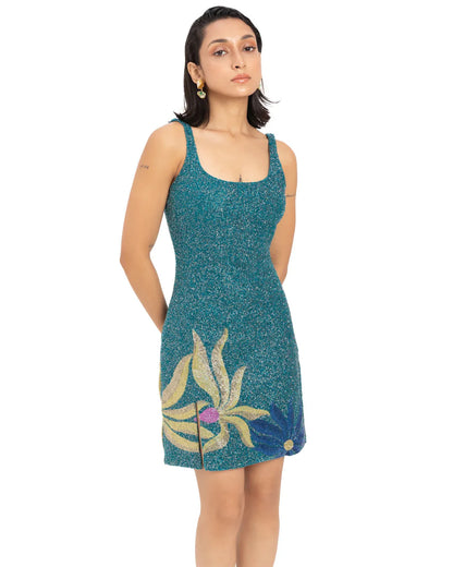 Designer beaded teal mini dress with small slits and flowers | CELESTRIA COUTURE
