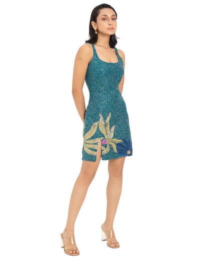 Designer beaded teal mini dress with small slits and flowers | CELESTRIA COUTURE