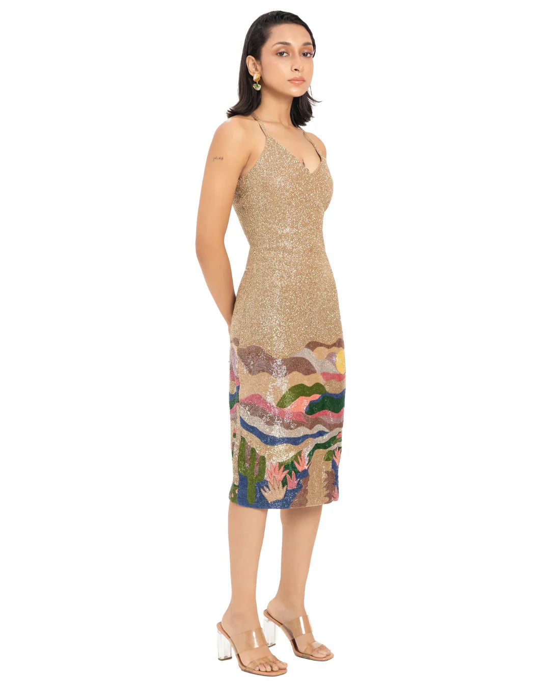 Designer V-neck beaded gold midi dress with desert oasis details | CELESTRIA COUTURE