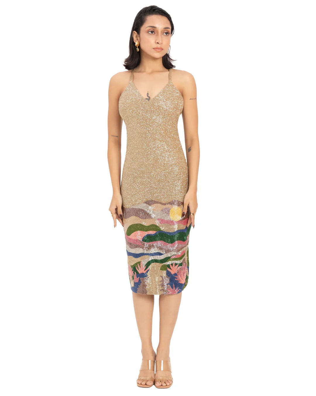 Designer V-neck beaded gold midi dress with desert oasis details | CELESTRIA COUTURE