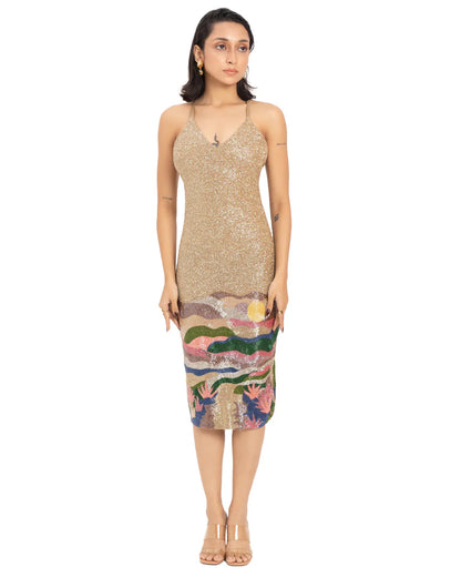 Designer V-neck beaded gold midi dress with desert oasis details | CELESTRIA COUTURE