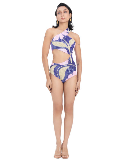 Designer beaded colorful one-shoulder swimsuit  | CELESTRIA COUTURE 