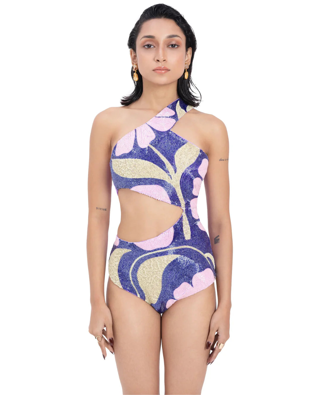 Designer beaded colorful one-shoulder swimsuit  | CELESTRIA COUTURE 