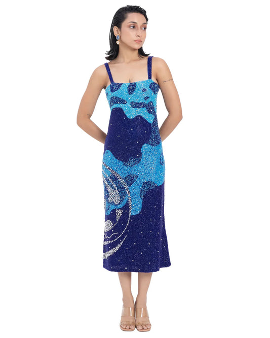 Designer beaded blue and navy midi dress | CELESTRIA COUTURE
