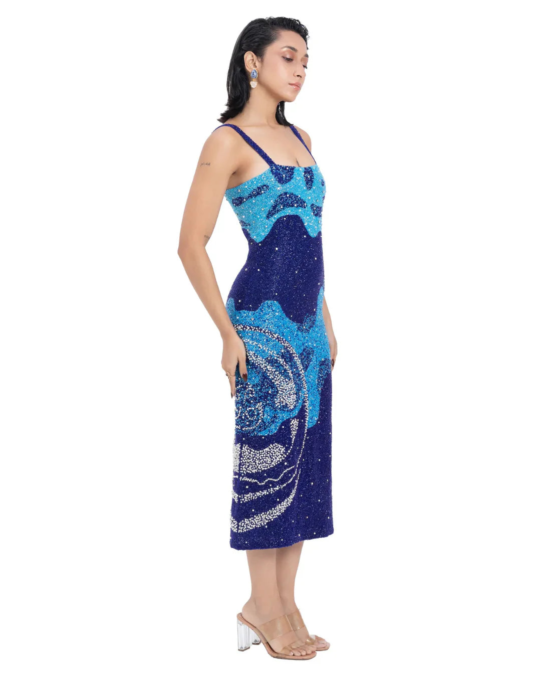 Designer beaded blue and navy midi dress | CELESTRIA COUTURE
