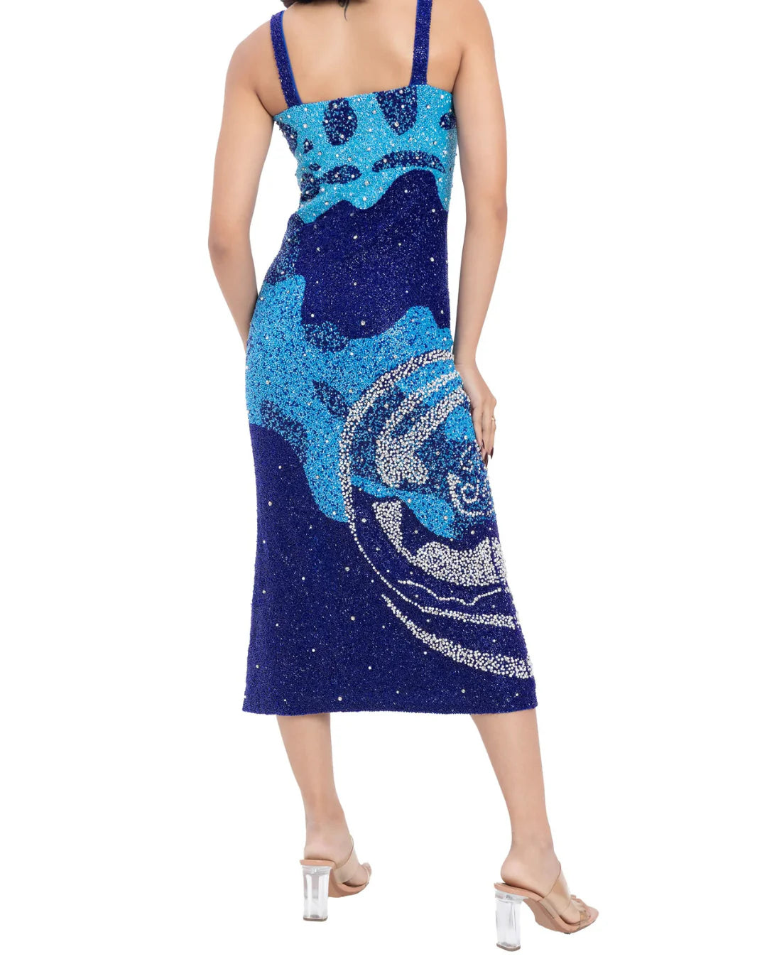 Designer beaded blue and navy midi dress | CELESTRIA COUTURE