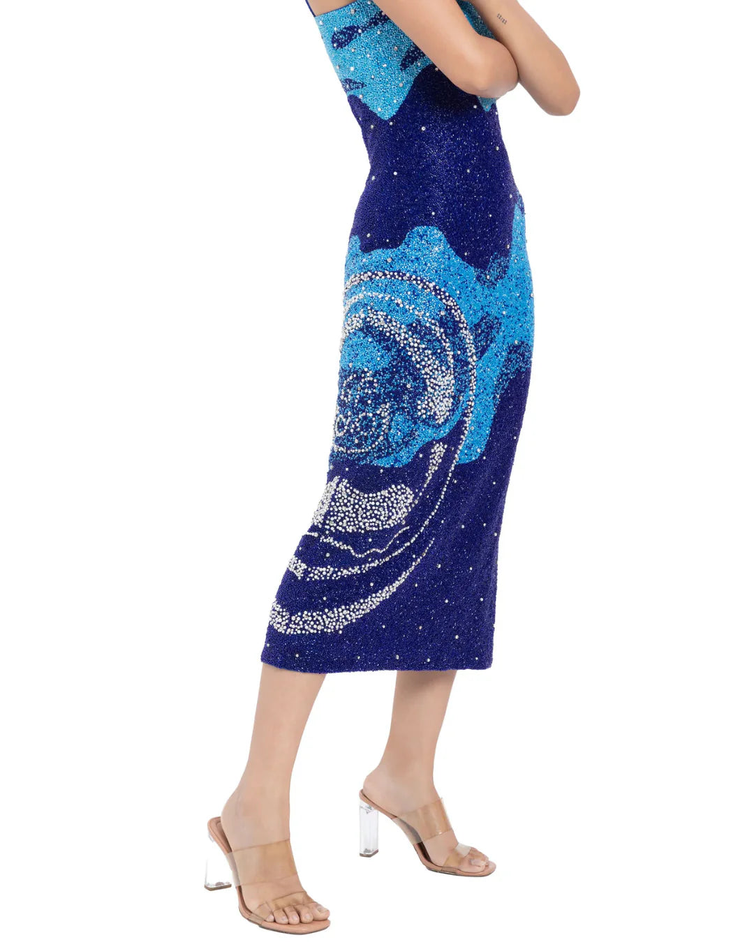 Designer beaded blue and navy midi dress | CELESTRIA COUTURE