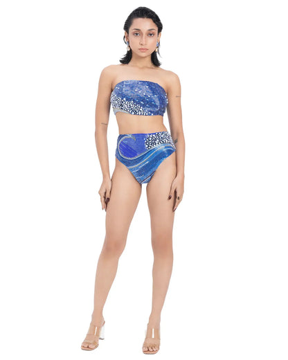 Designer beaded blue bikini with high waist bottom and strapless top | CELESTRIA COUTURE 