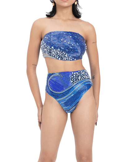 Designer beaded blue bikini with high waist bottom and strapless top | CELESTRIA COUTURE 