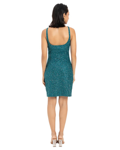 Designer teal beaded sequined mini dress with silver star and crescent moon appliqués | CELESTRIA COUTURE 
