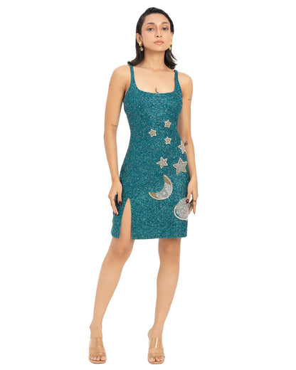 Designer teal beaded sequined mini dress with silver star and crescent moon appliqués | CELESTRIA COUTURE 