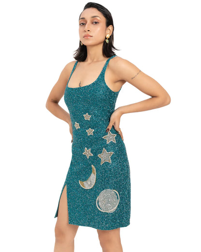 Designer teal beaded sequined mini dress with silver star and crescent moon appliqués | CELESTRIA COUTURE 