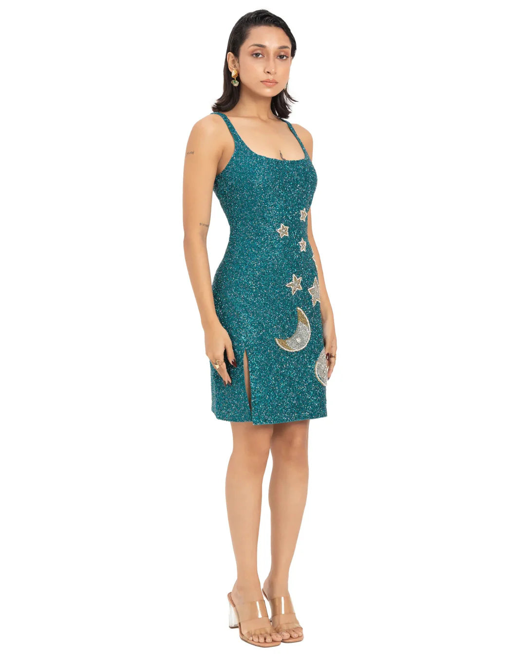Designer teal beaded sequined mini dress with silver star and crescent moon appliqués | CELESTRIA COUTURE 