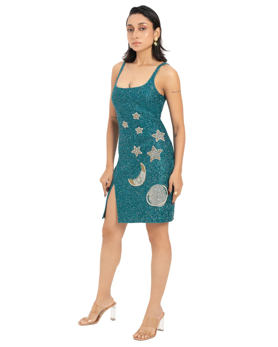 Designer teal beaded sequined mini dress with silver star and crescent moon appliqués | CELESTRIA COUTURE 