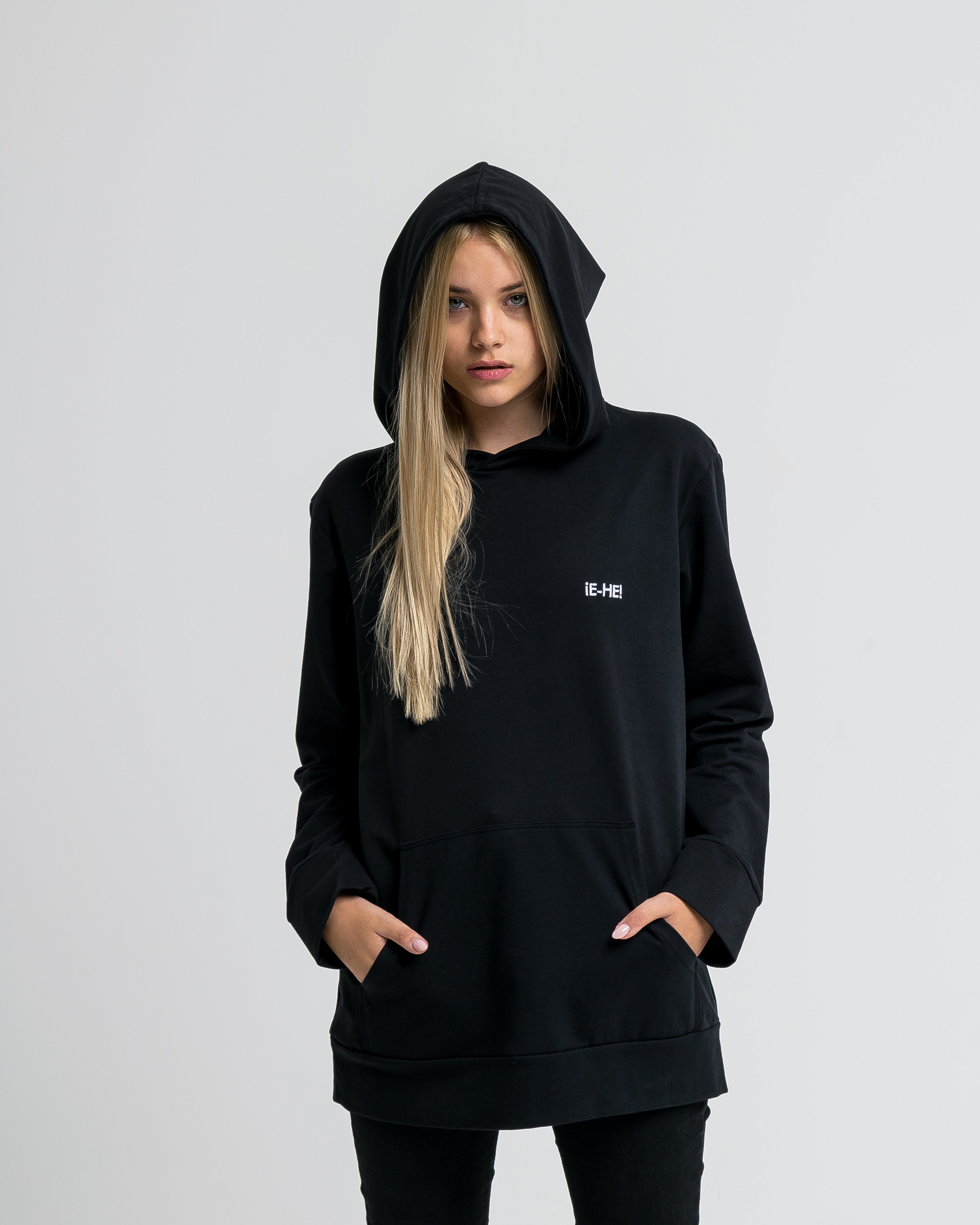 Black unisex minimalist hoodie with kangaroo front pocket and small white logo embroidery from Hungarian designer brand EHE Apparel