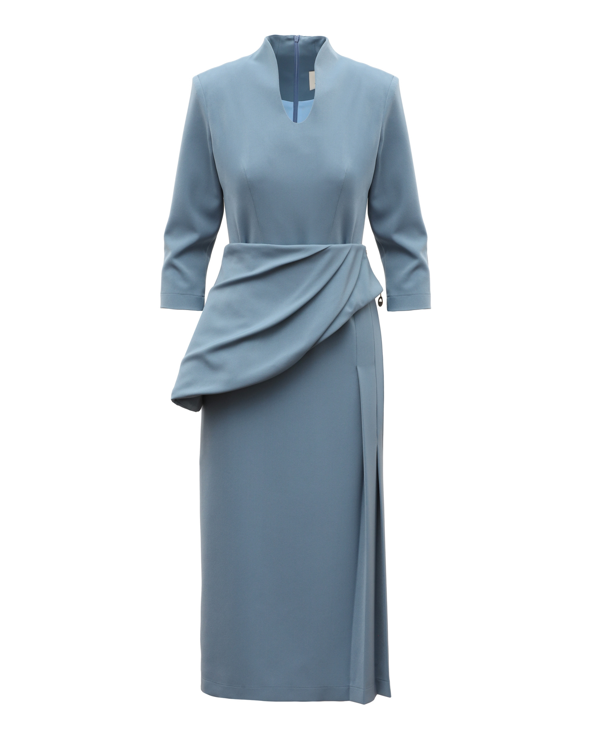 JULIA ALLERT Formal Cocktail Midi Dress With Peplum Belt - Light Blue BONVION JULIA ALLERT Formal Cocktail Midi Dress With Peplum Belt - Light Blue BONVION