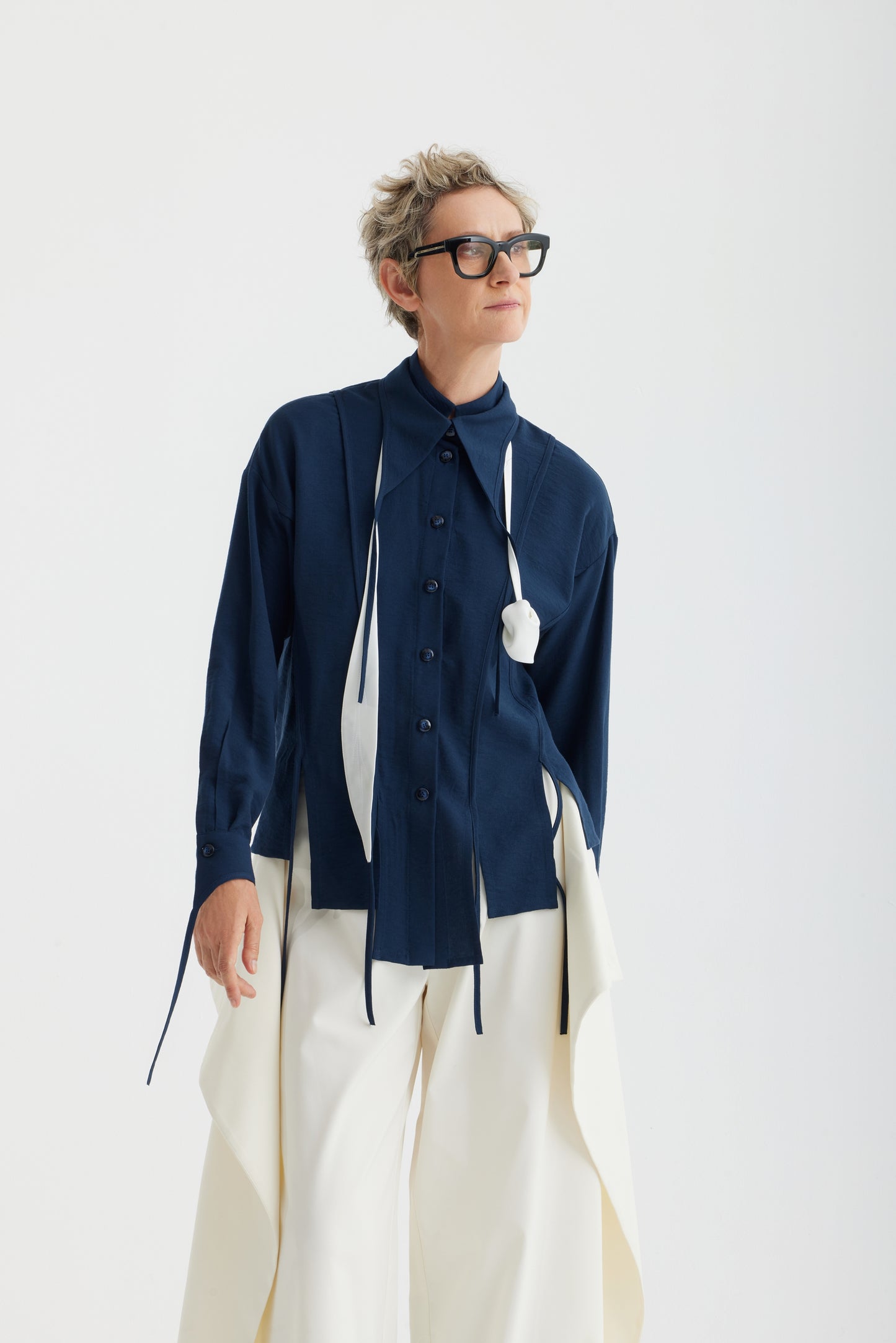 JULIA ALLERT Artistic Asymmetric Textured Blouse - Navy