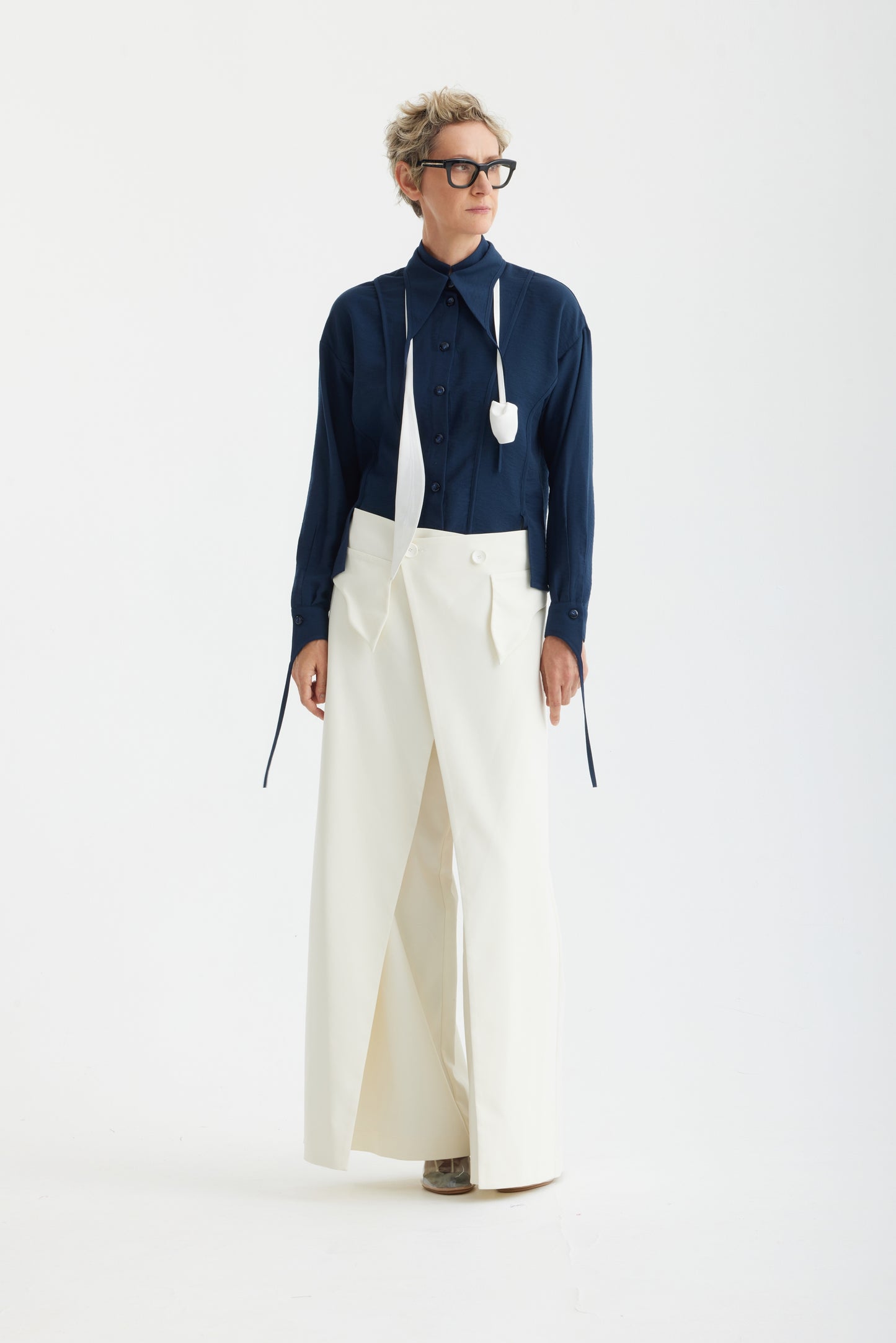 JULIA ALLERT Artistic Asymmetric Textured Blouse - Navy