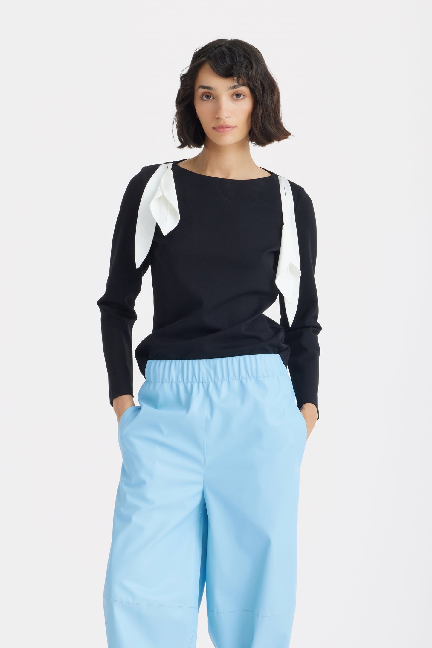 JULIA ALLERT Boat Neck Blouse with Floral Drape - Black